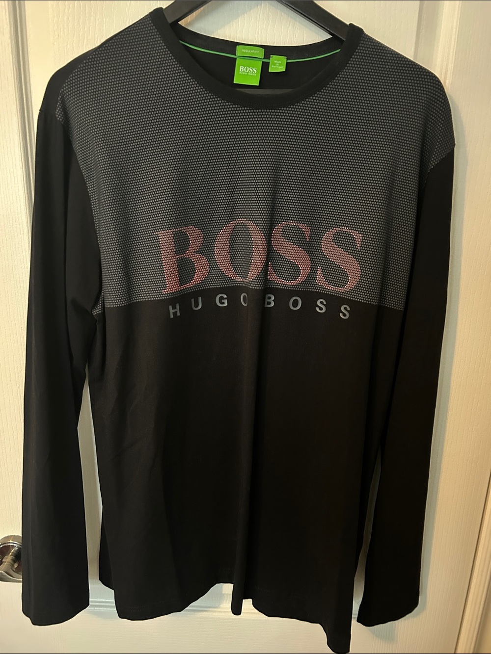 Hugo Boss Black Long-Sleeve Crew Shirt with Gray Yoke and Pink Logo